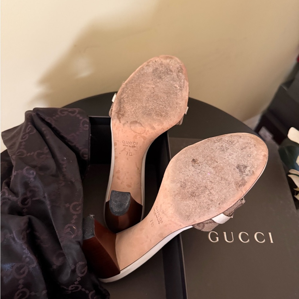 Gucci White & Beige GG Canvas Horsebit Slide Mules - Picture 2 of 5